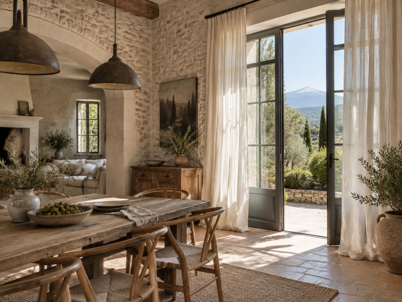Intérieur provençal ouvert sur le paysage